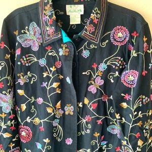 Embroidered Beaded Womens Cotton Shirt Size Small Black Flowers Button Down